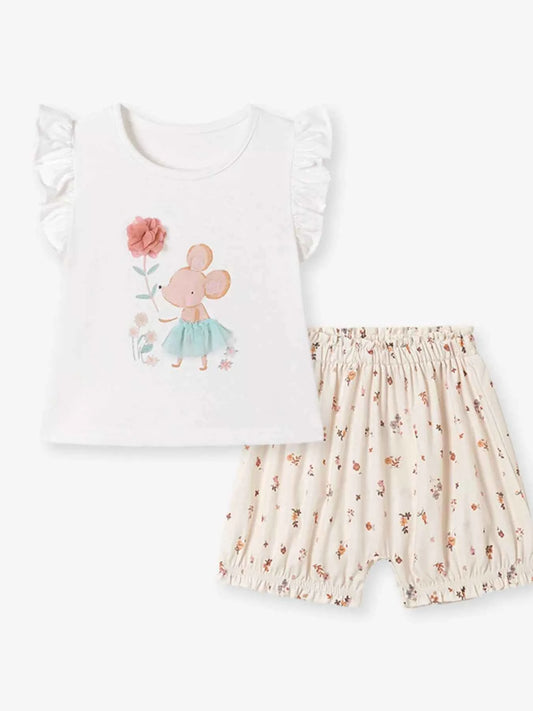 Children's Mouse Ruffle Sleeve Top & Floral Print Shorts Set