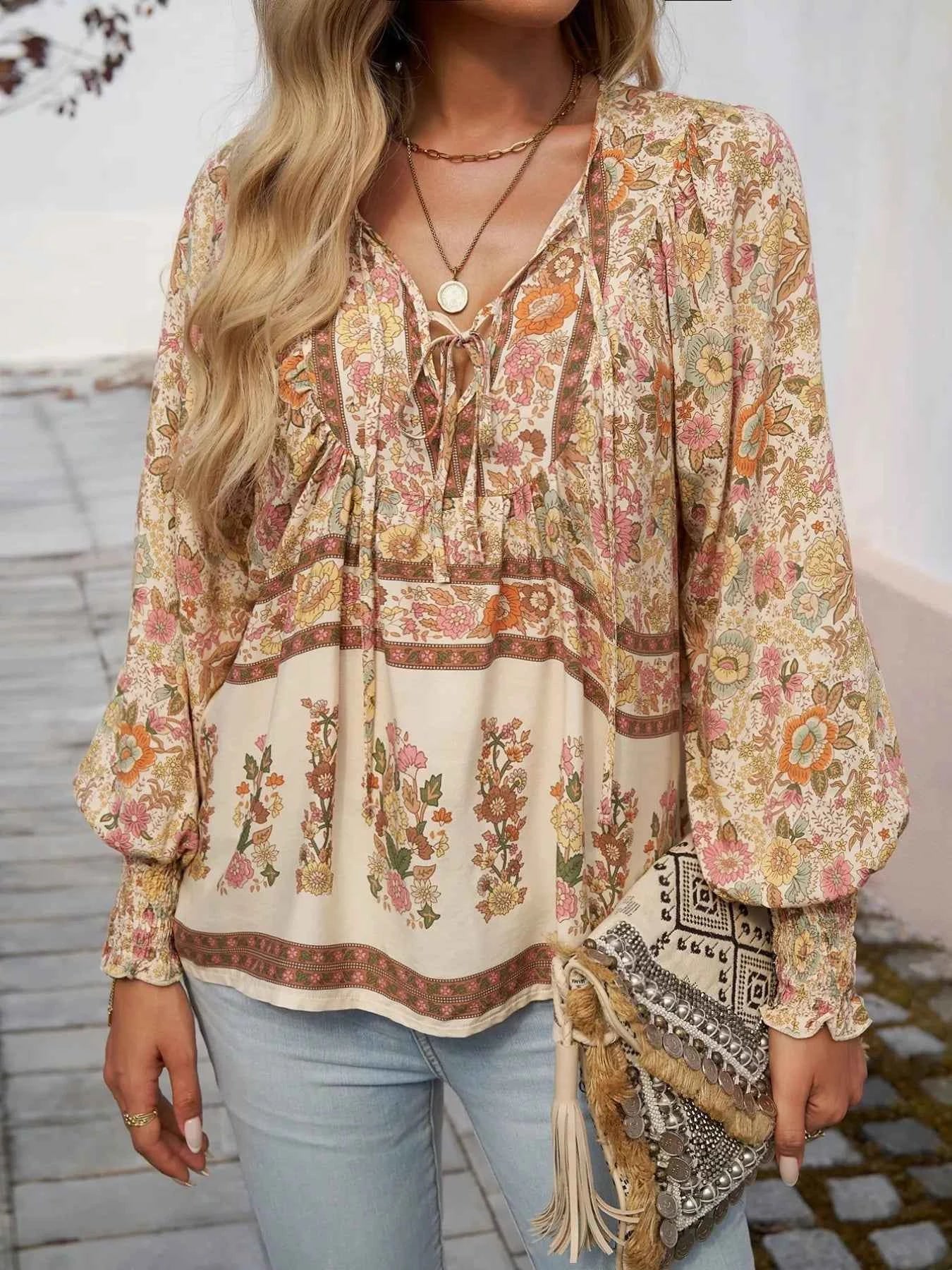 Floral Print Tie Neck Bohemian Blouse