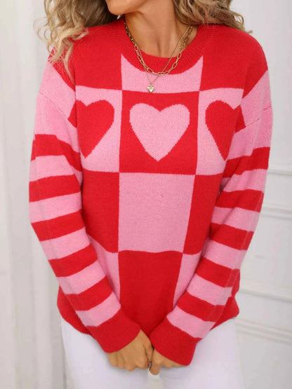 Heart Pattern Checkerboard Knit Sweater