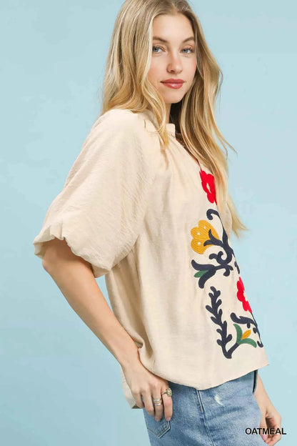 Umgee Embroidered Boho Puff Sleeve Blouse