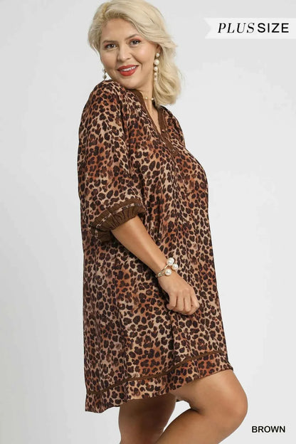 Umgee Full Size Leopard Print Mini Dress with Contrast Trim Plus Size