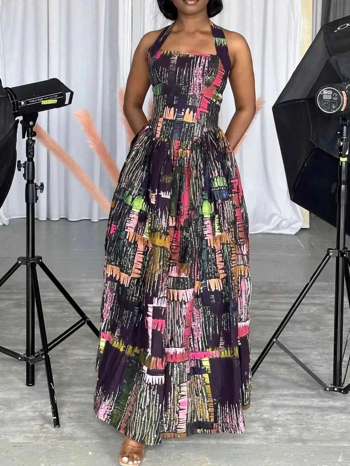 Full Size Abstract Print Halter Neck Maxi Dress Plus Size