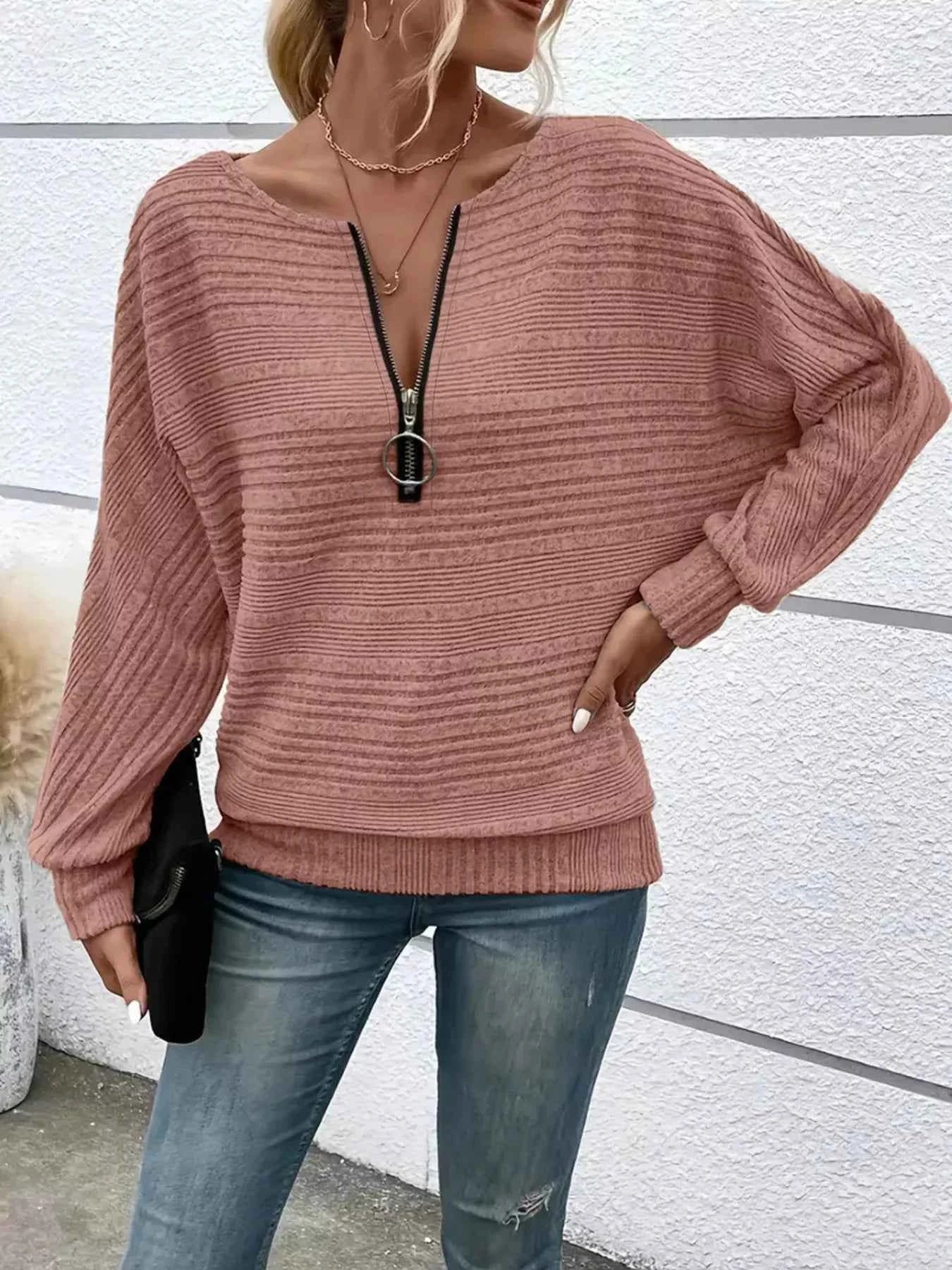 Ribbed Knit Quarter Zip Sweatshirt
