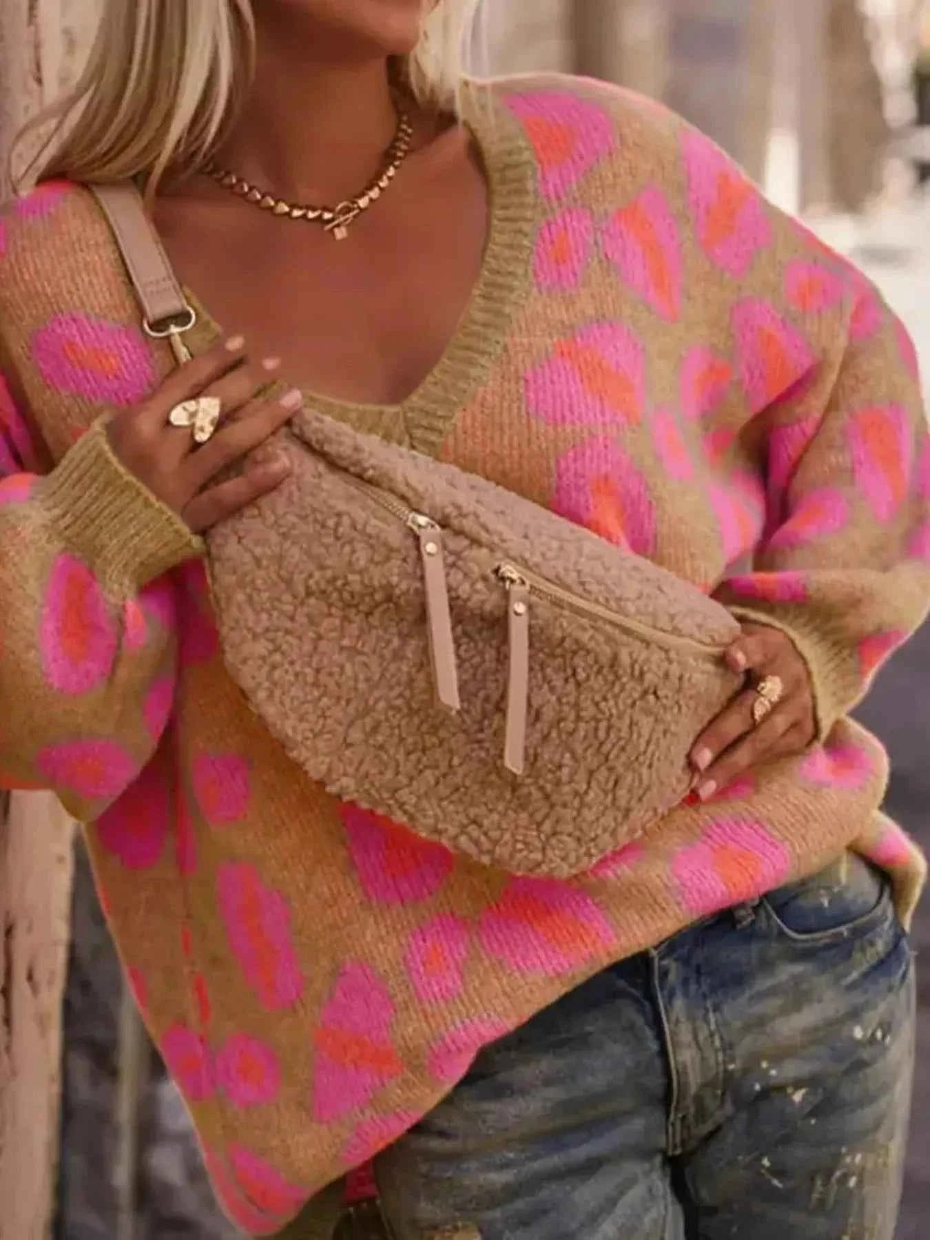 Leopard Oversized V-Neck Sweater