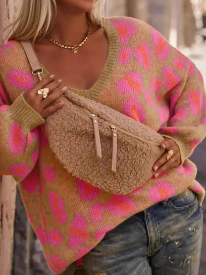 Leopard Oversized V-Neck Sweater