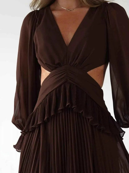 Backless Pleated Long Sleeve Maxi Dress