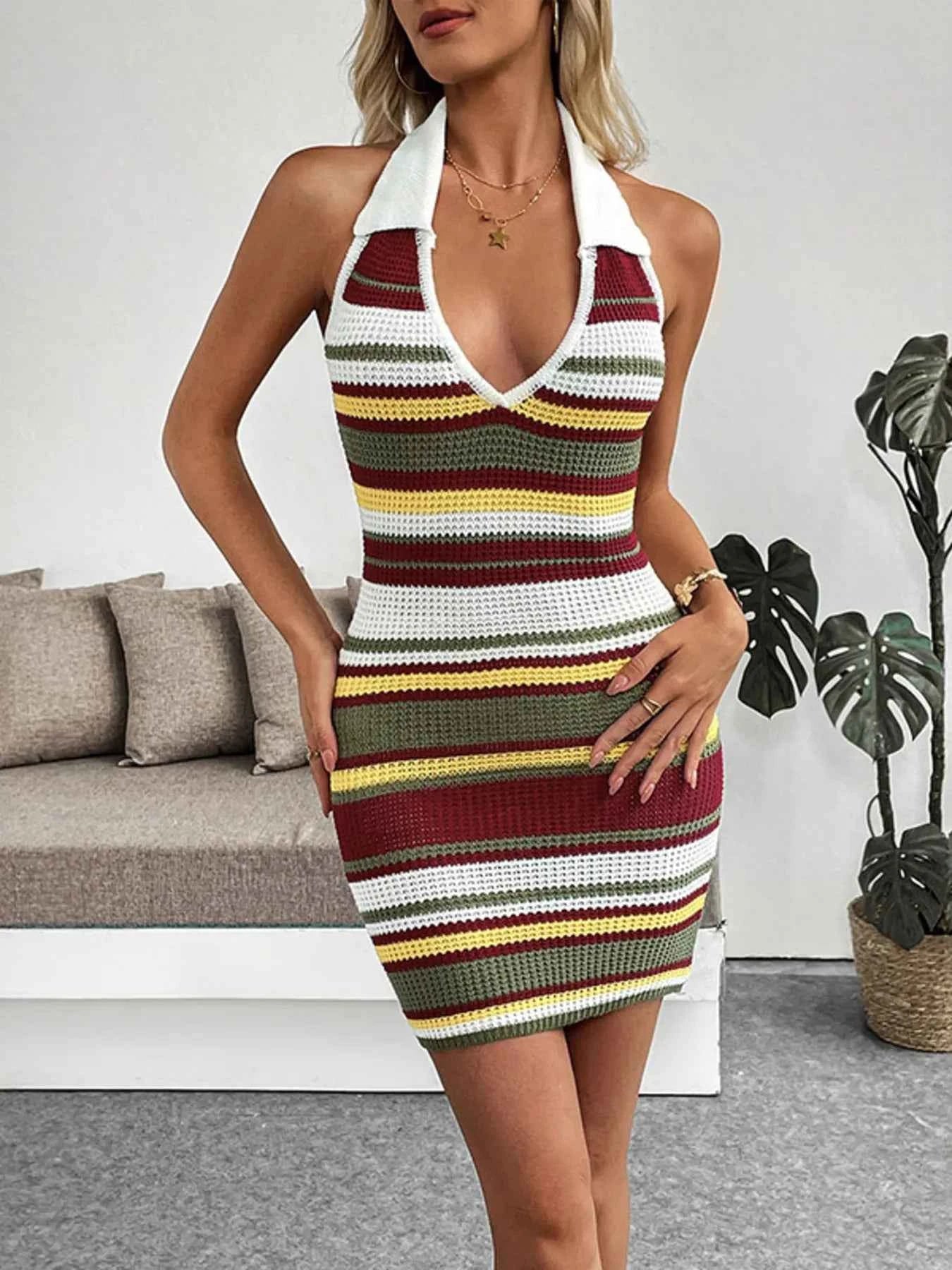 Multi-Color Striped Halter Neck Knit Sweater Dress