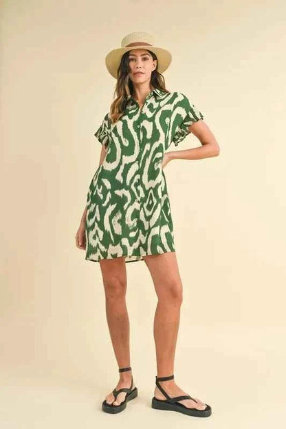 Annie Wear Abstract Printed Frill Sleeve Shirt Mini Dress