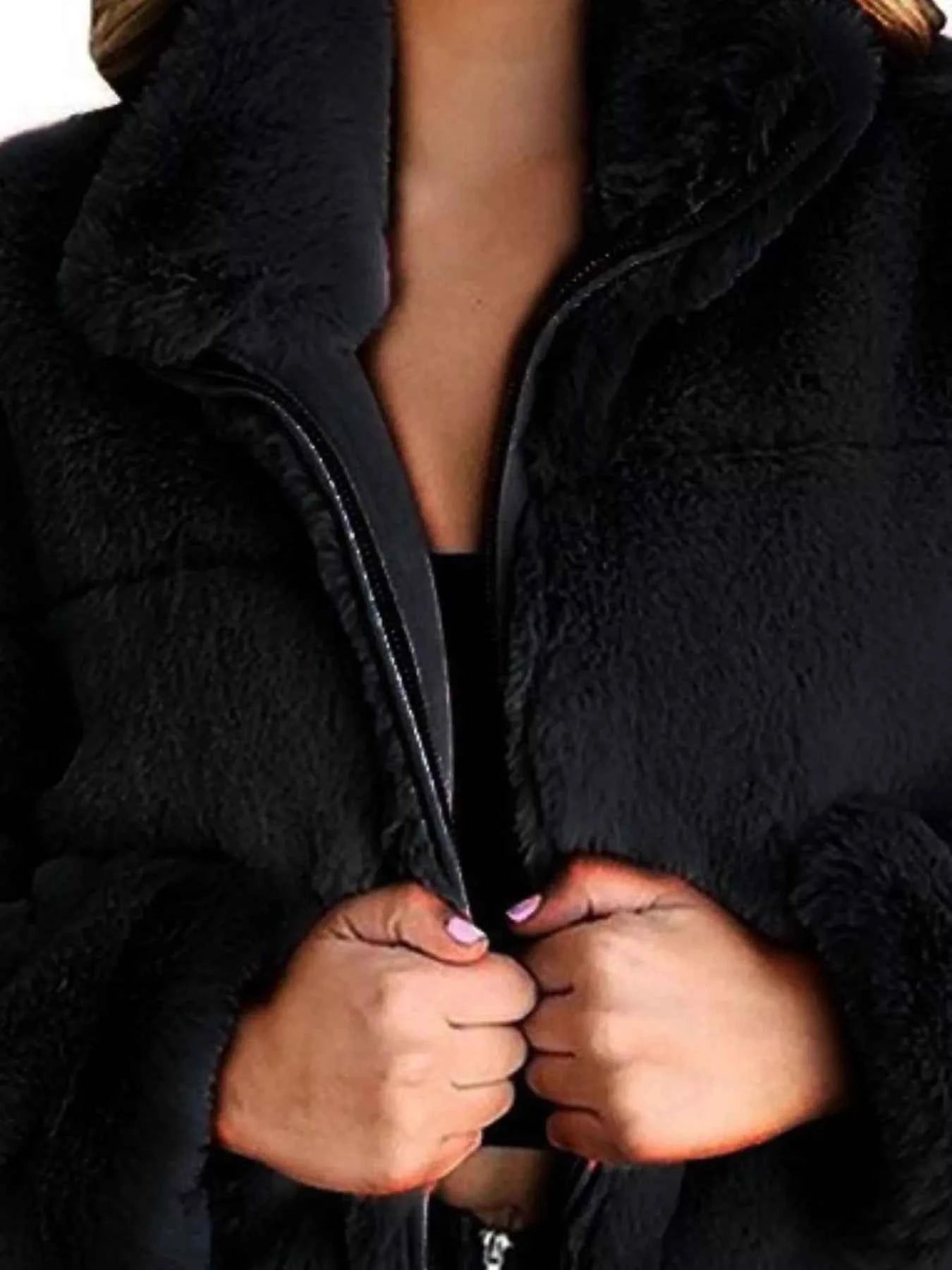 Full Size Faux Fur Cropped Zip-Up Jacket Plus Size