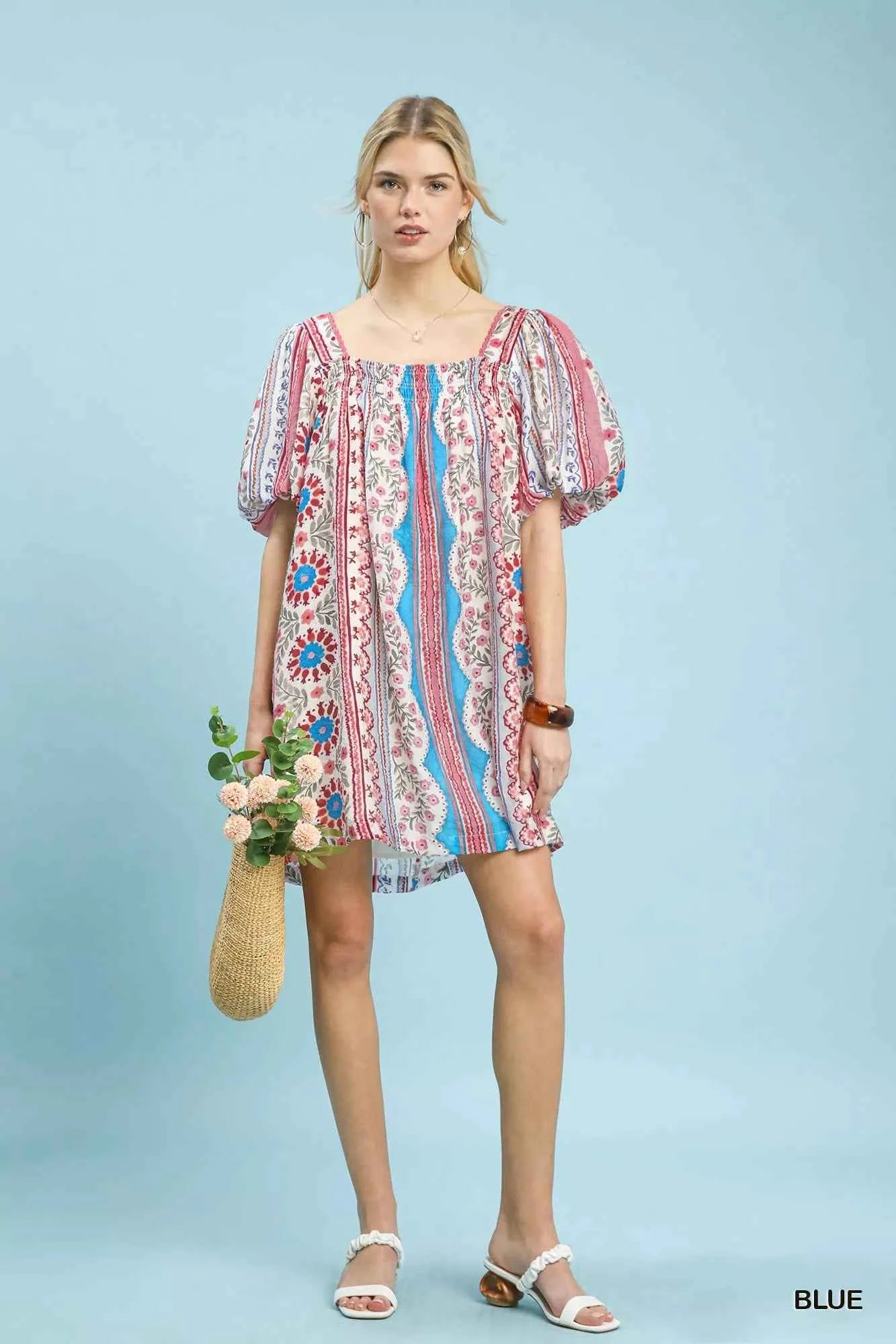 Umgee Mixed Print Puff Sleeve Mini Dress