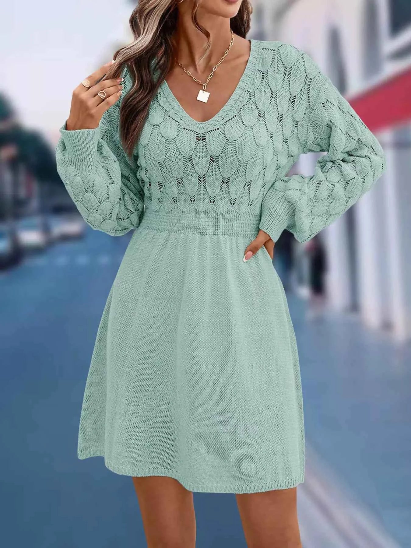 V-Neck Long Sleeve Sweater Dress