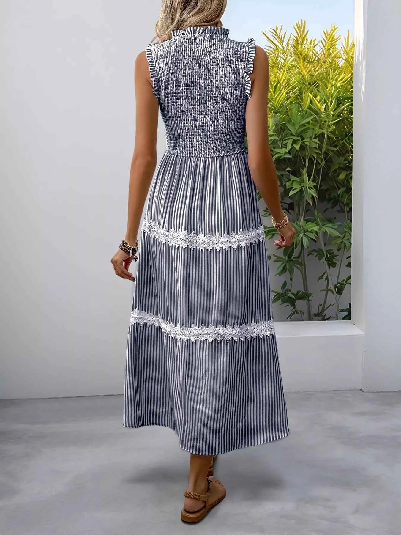Smocked Striped Lace Trim Sleeveless Midi Dress