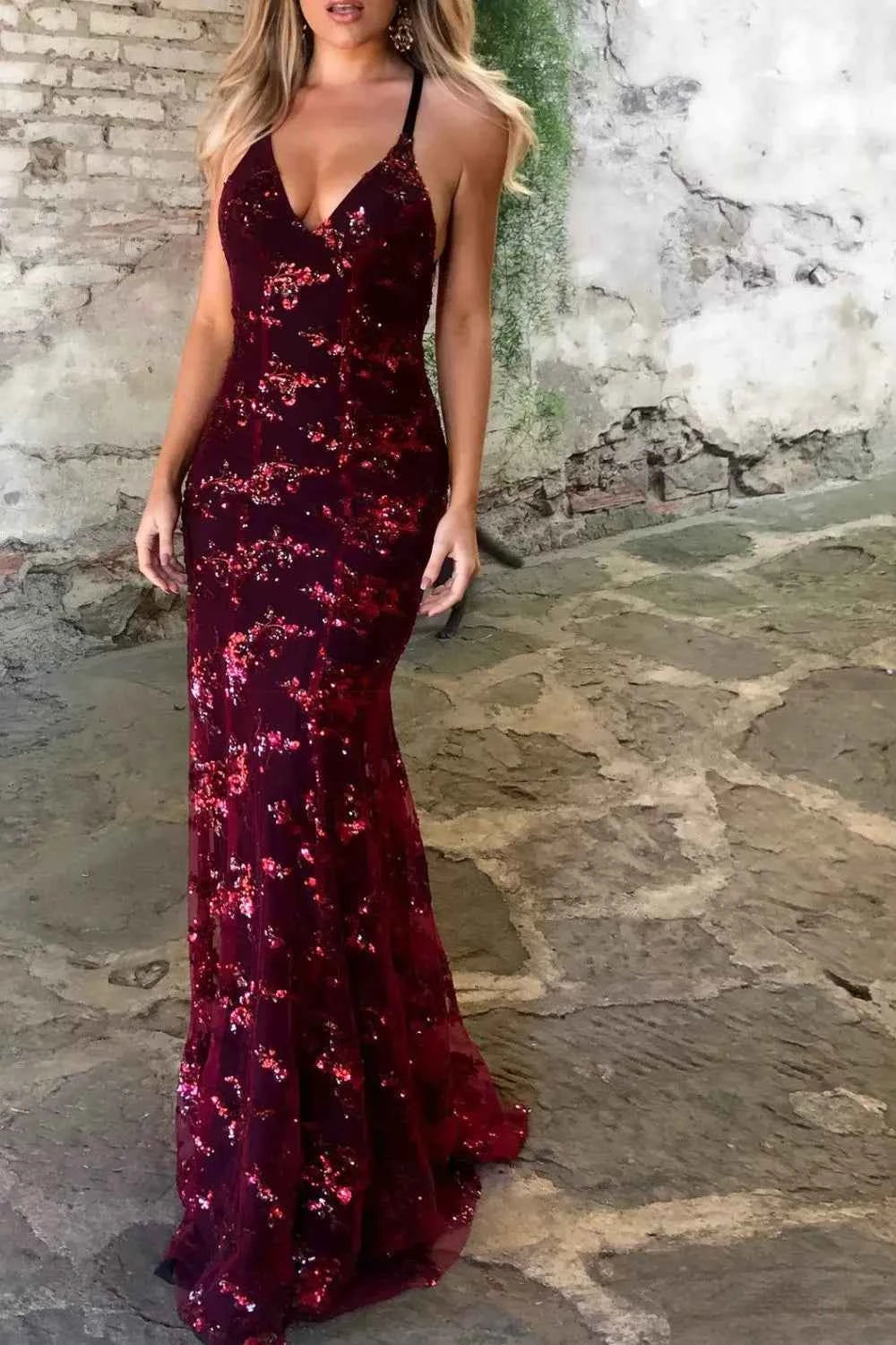 Full Size Sequin Tie Back V-Neck Maxi Dress Plus Size