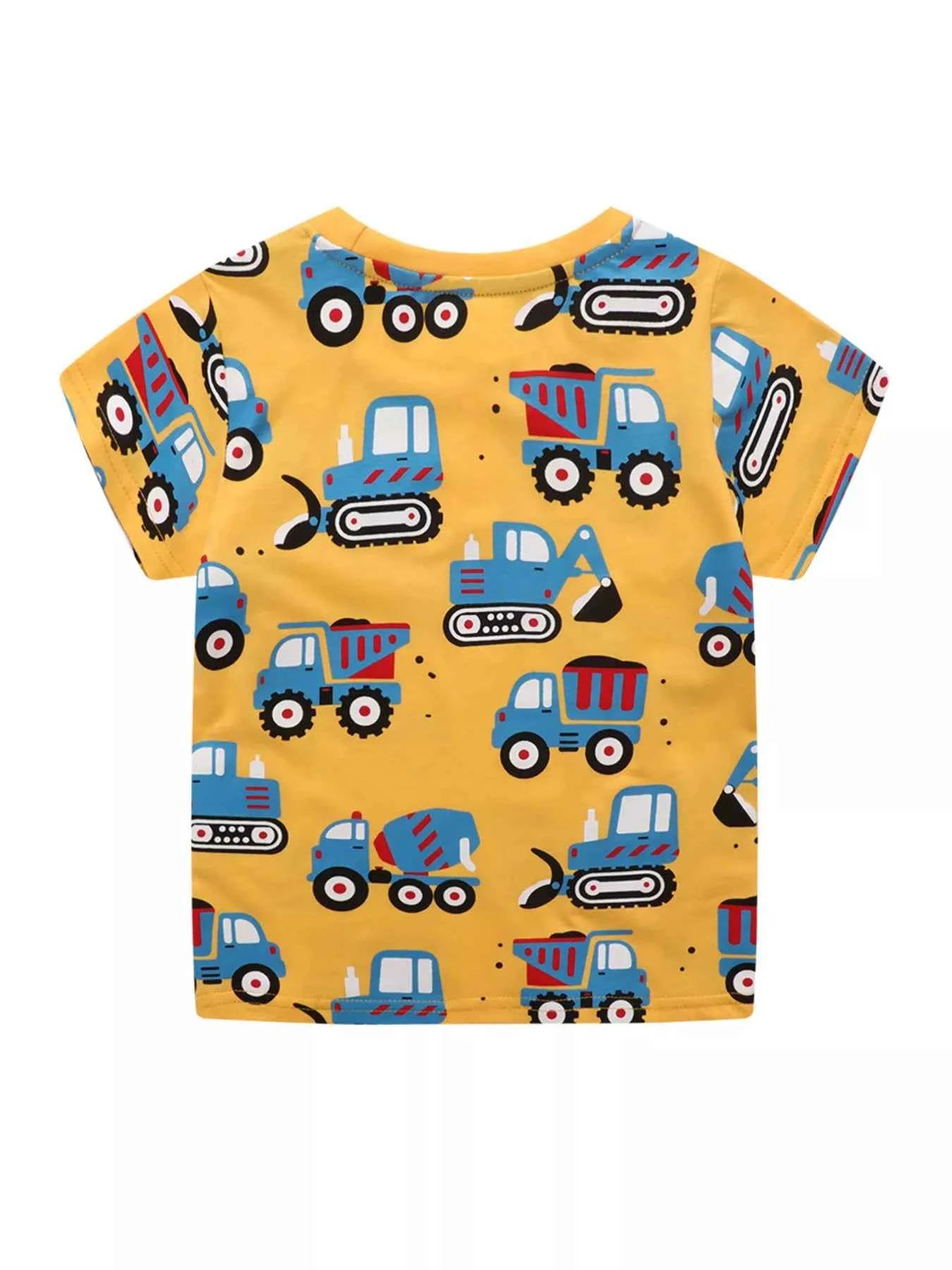 Children's Construction Vehicle Print Crew Neck Short Sleeve T-Shirt