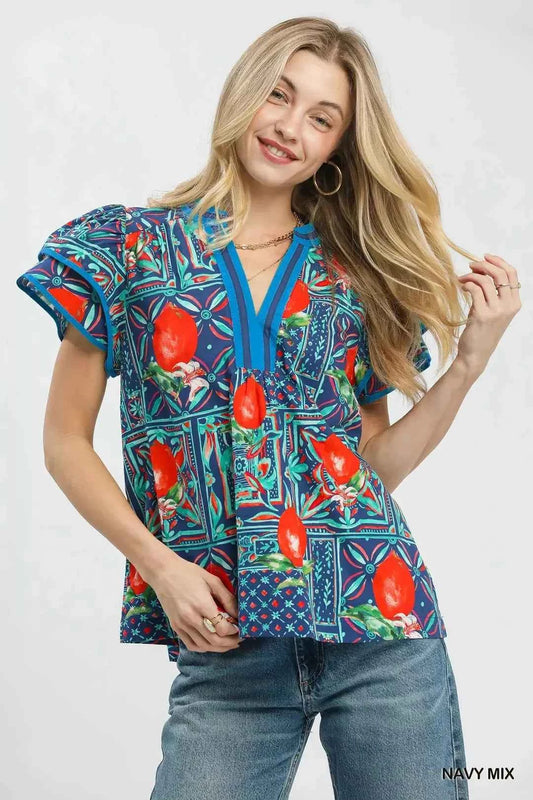 Umgee Abstract Print Flutter Sleeve Blouse