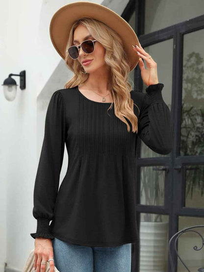 Smocked Round Neck Lantern Sleeve Blouse