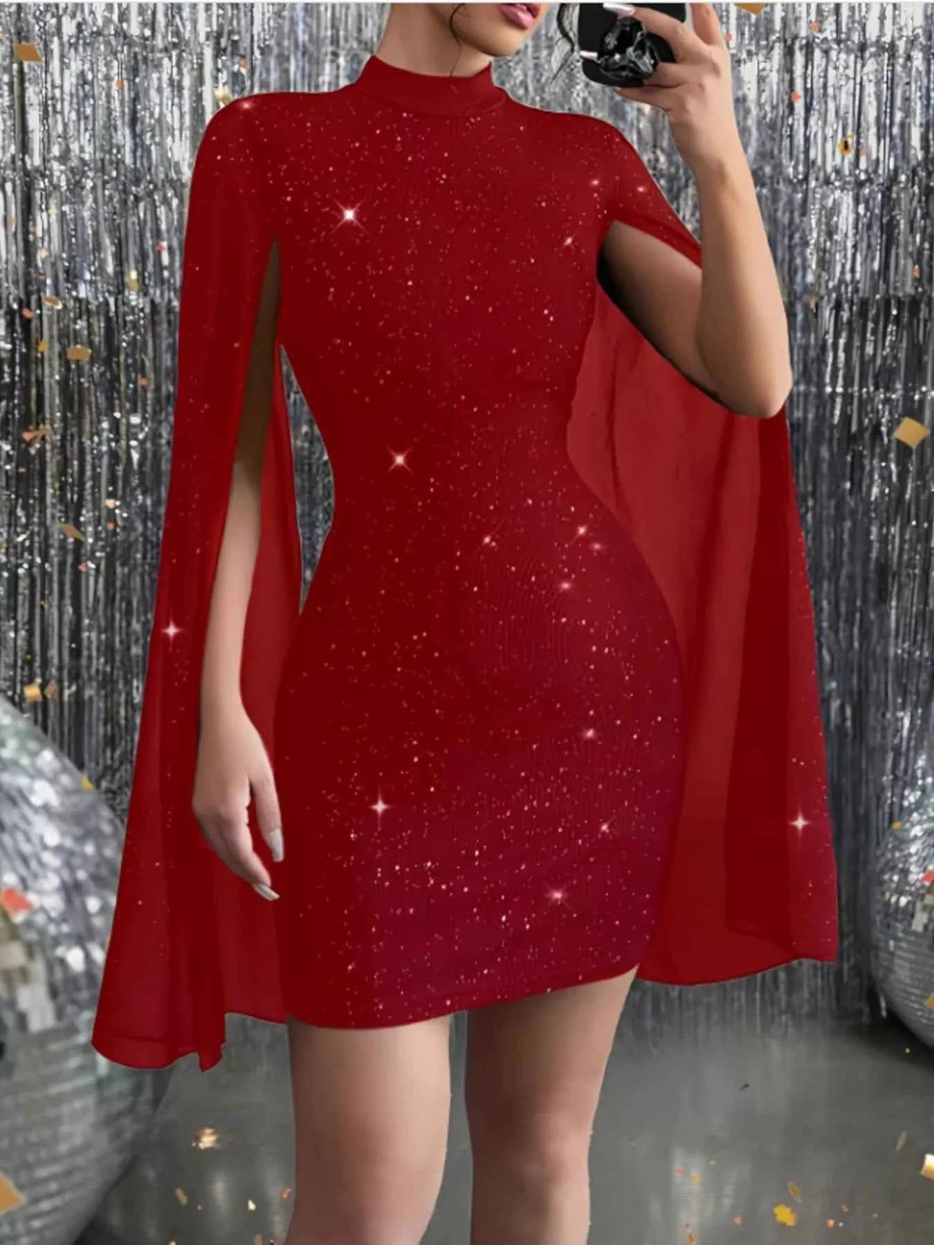 Glitter Cape Sleeve Mini Dress
