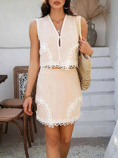 Devine Contrast Lace Vest and Skirt Set