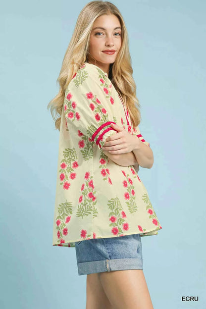 Umgee Floral V-Neck Puff Sleeve Top