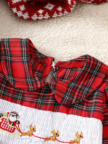 Children's Christmas Plaid Embroidered Smocked Dress