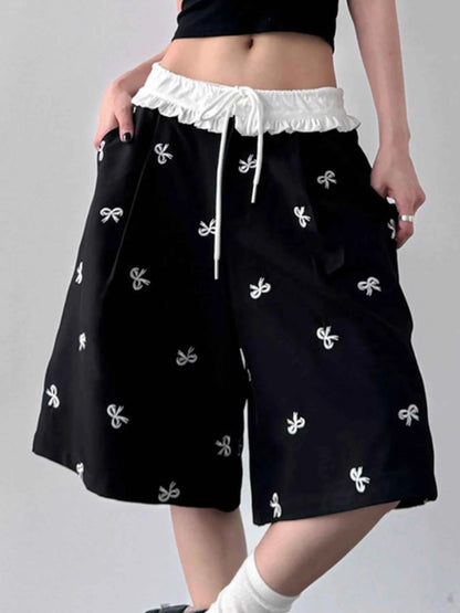 Bow Print Wide Leg Shorts with Contrast Ruffle Waistband