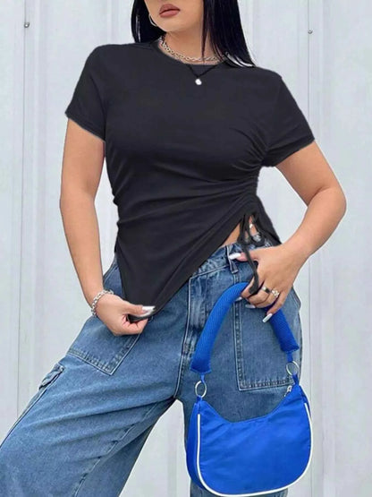 Plus Size Ruched Round Neck Short Sleeve T-Shirt