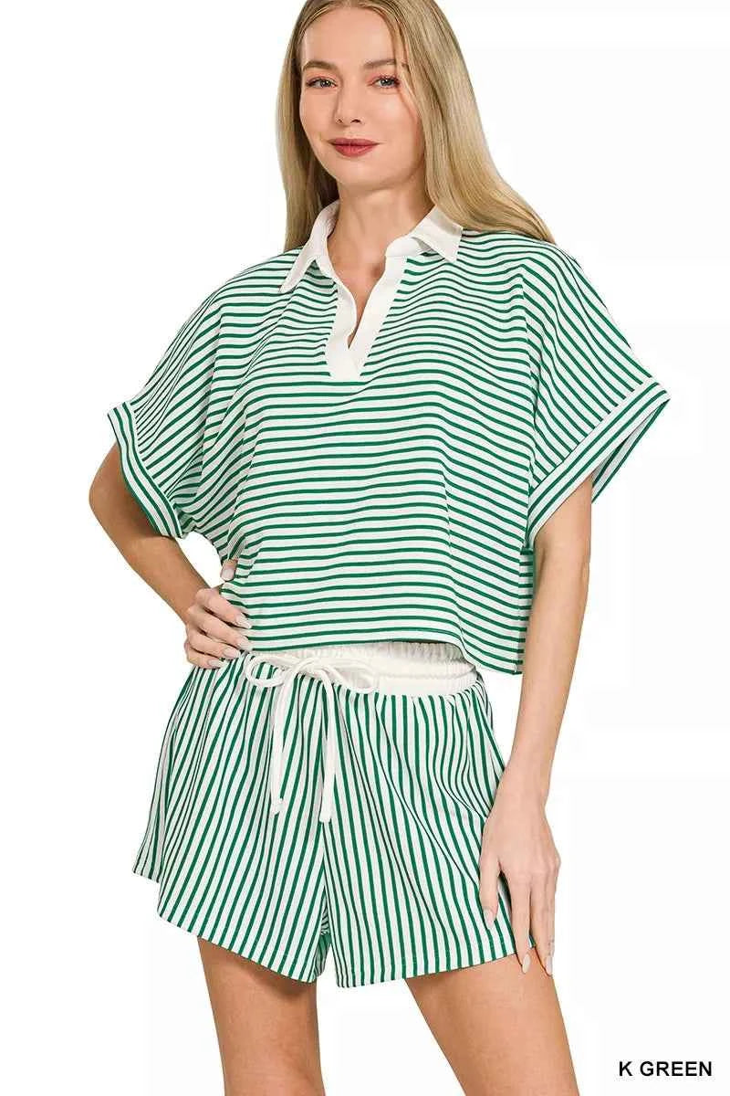 Zenana Striped Collared Top & Shorts Set