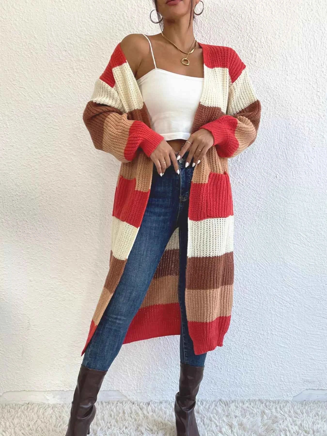 Striped Color Block Open Front Knit Cardigan