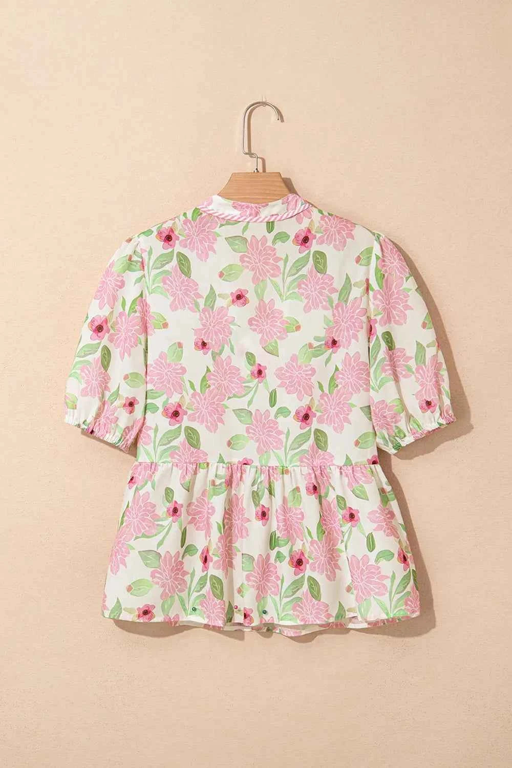 Printed Tie Neck Short Sleeve Blouse