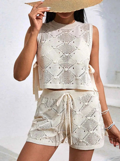 Diamond Pattern Sleeveless Top and Shorts Knit Set