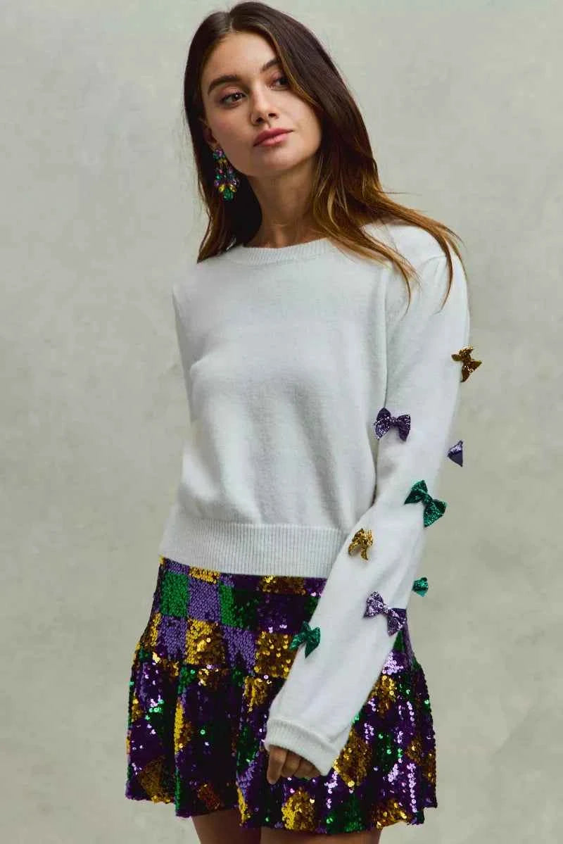 SO ME Mardi Gras Glitter Bow Ribbon Sweater Knit Top