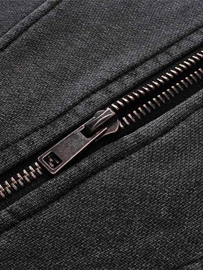 Men's Washed Zip Up Long Sleeve Hooded Jacket