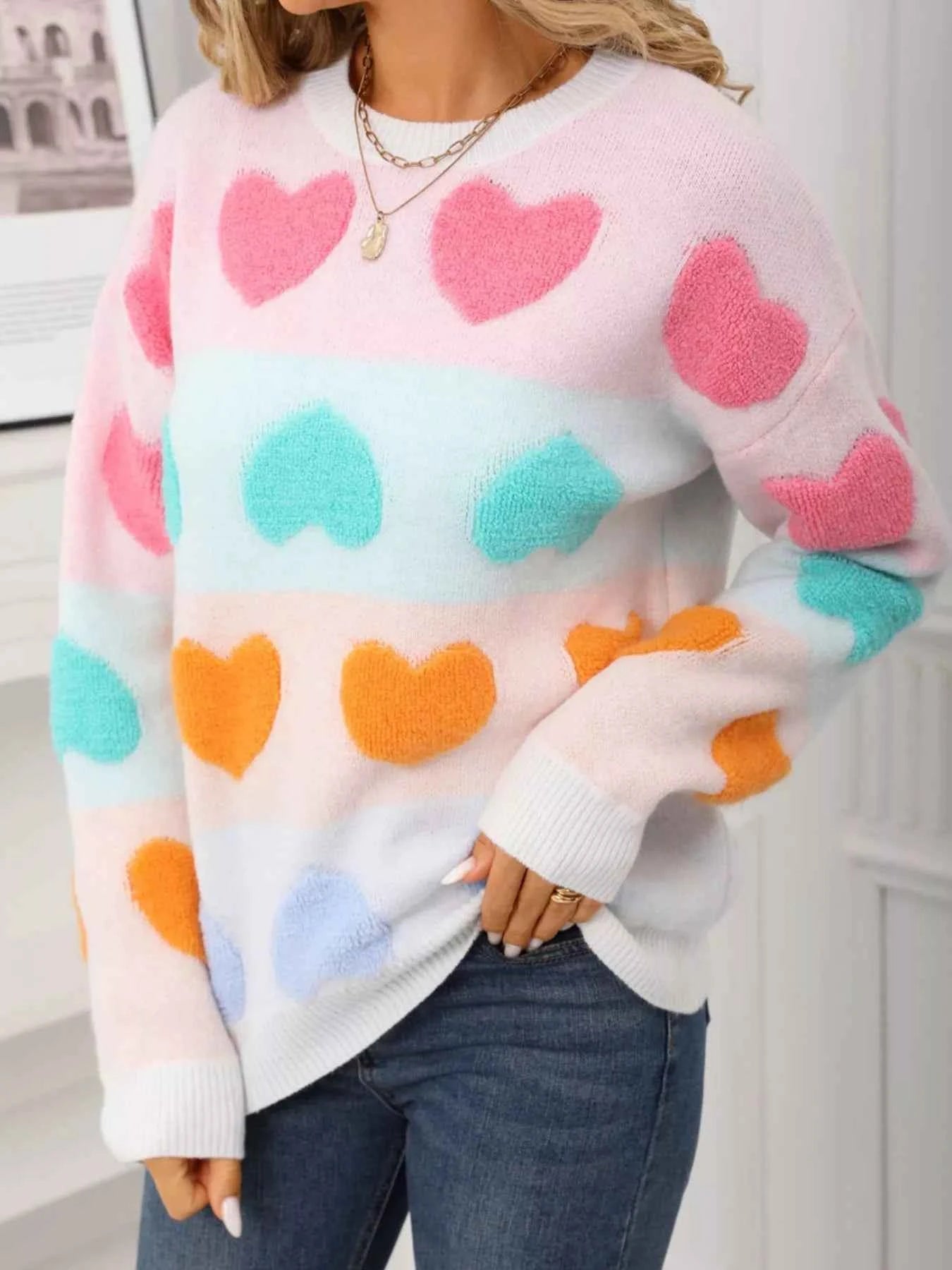 Valentine's Day Heart Pattern Fuzzy Knit Sweater