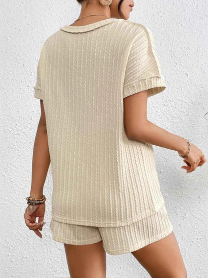 Texture Round Neck Top and Shorts Lounge Set
