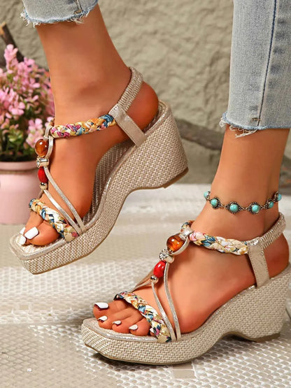 Bohemian Floral Beaded Wedge Sandals
