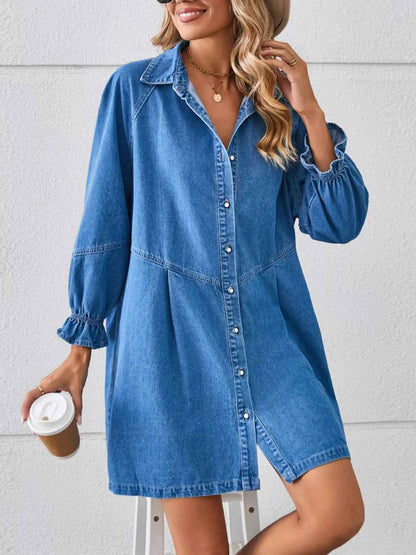 Button-Front Ruffle Cuff Denim Dress