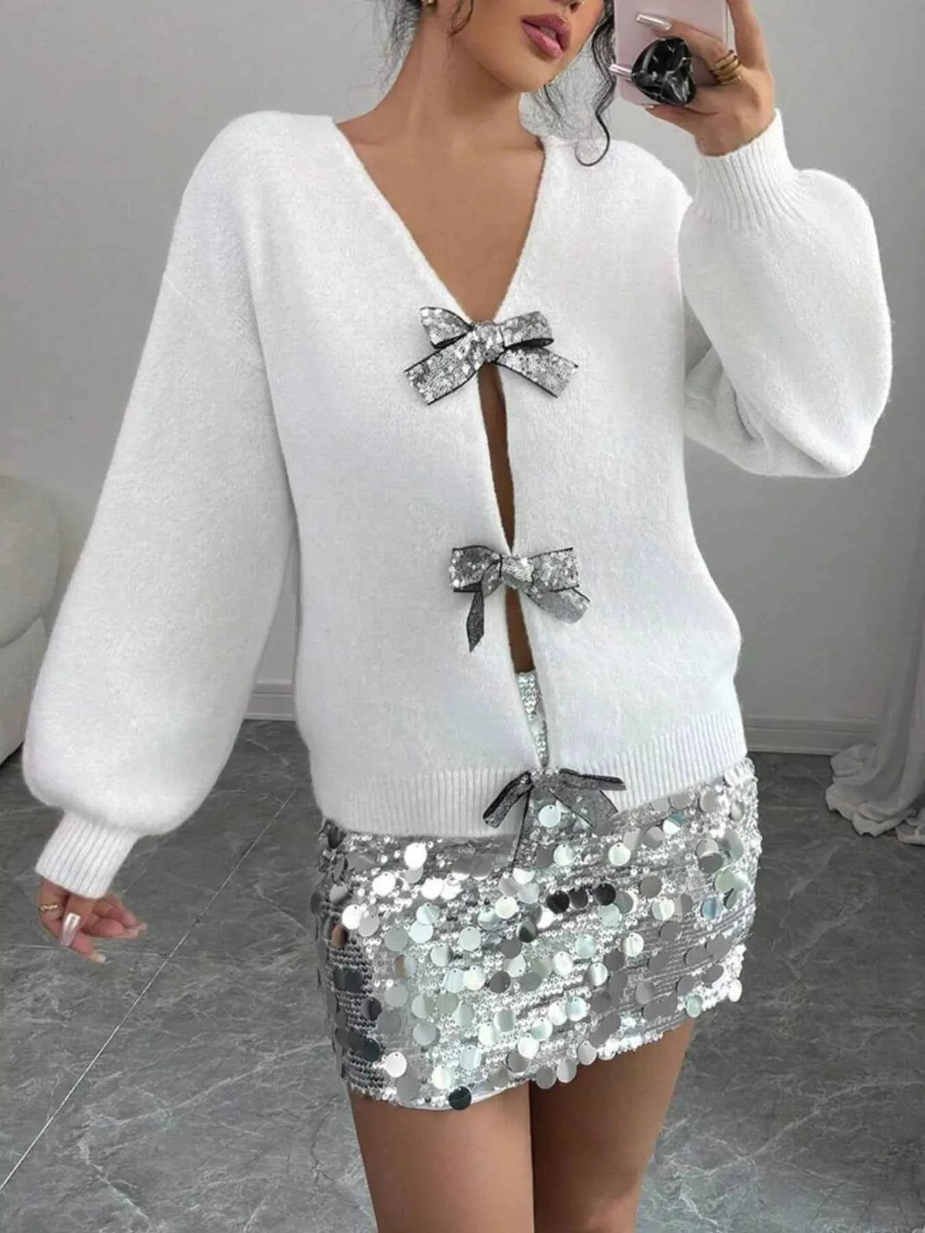 Bow-Decor Dropped Shoulder Knit Cardigan