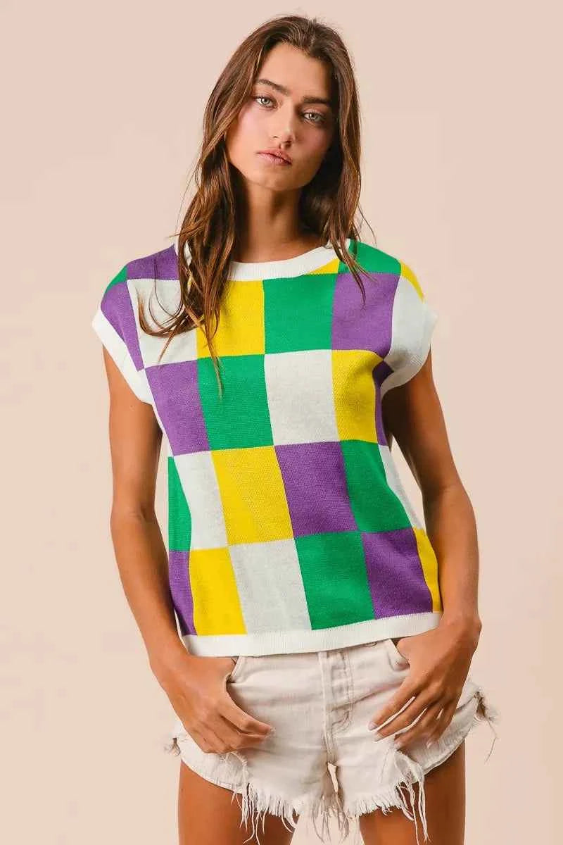 BiBi Mardi Gras Checker Pattern Sleeveless Sweater Top