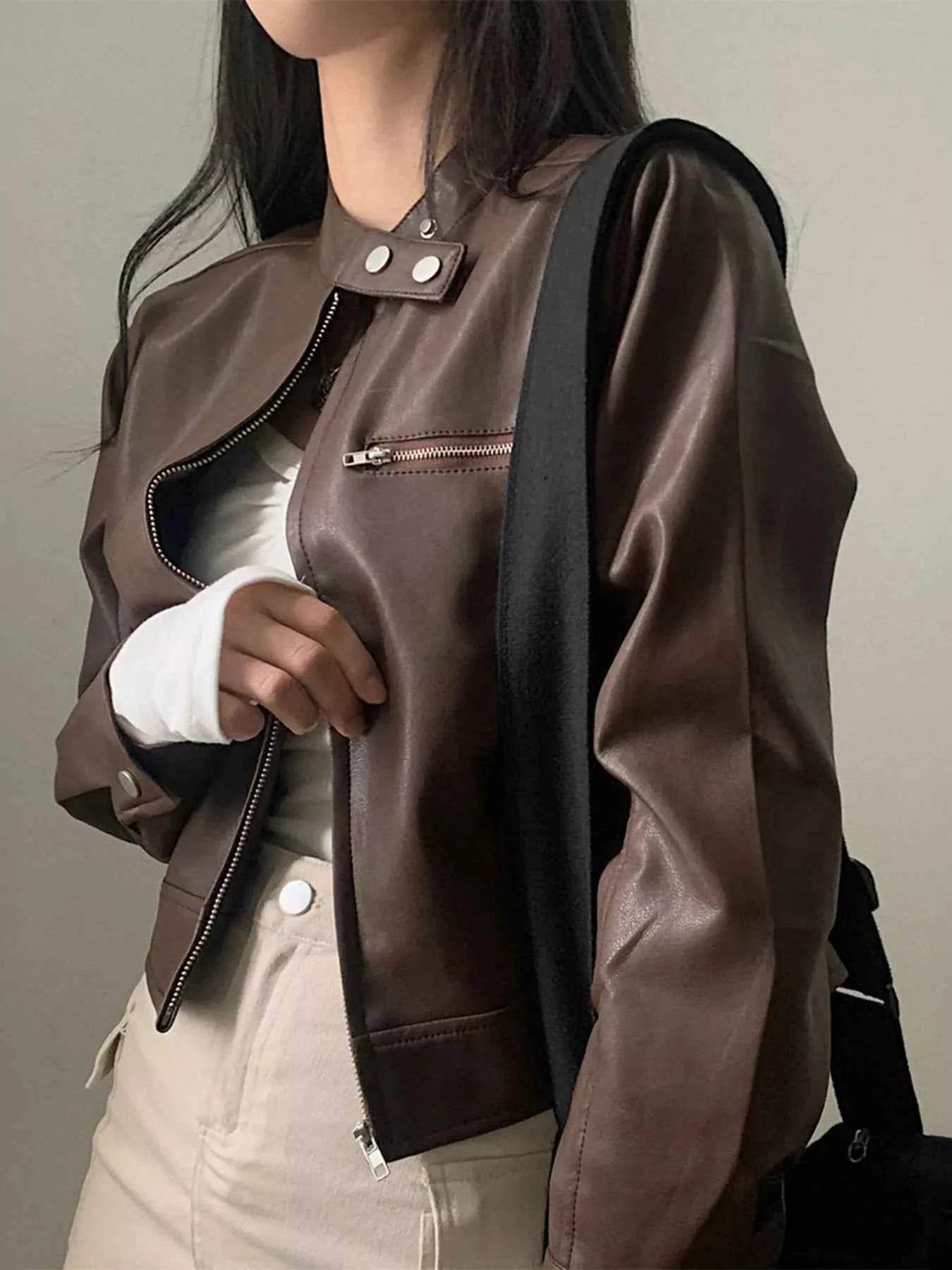 Cropped Zip Up Leather Jacket