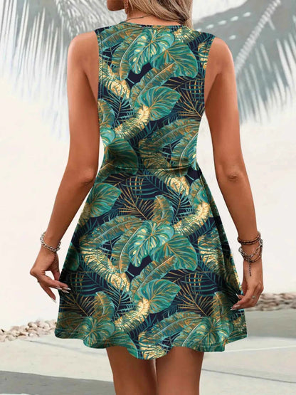 Tropical Print V-Neck Sleeveless Summer Dress