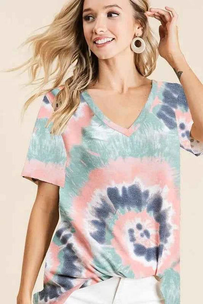 BiBi Tie Dye Print Terry V Neck Short Sleeve Top