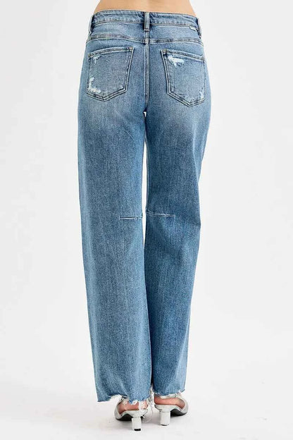 RISEN Full Size Mid Rise Fit Wide Baggy Leg Tie Washed Jeans Plus Size