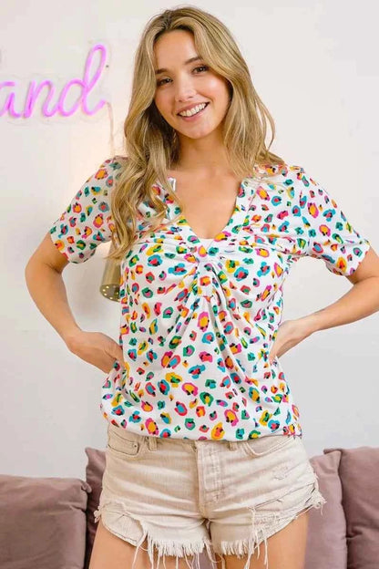 BiBi Multi Color Leopard Jersey Shirred V Neck Top