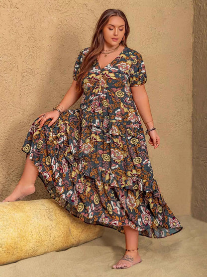 Plus Size V-Neck Short Sleeve Midi Dress