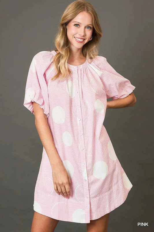 Umgee Stripe and Dot Print Button Down Puff Sleeve Mini Dress