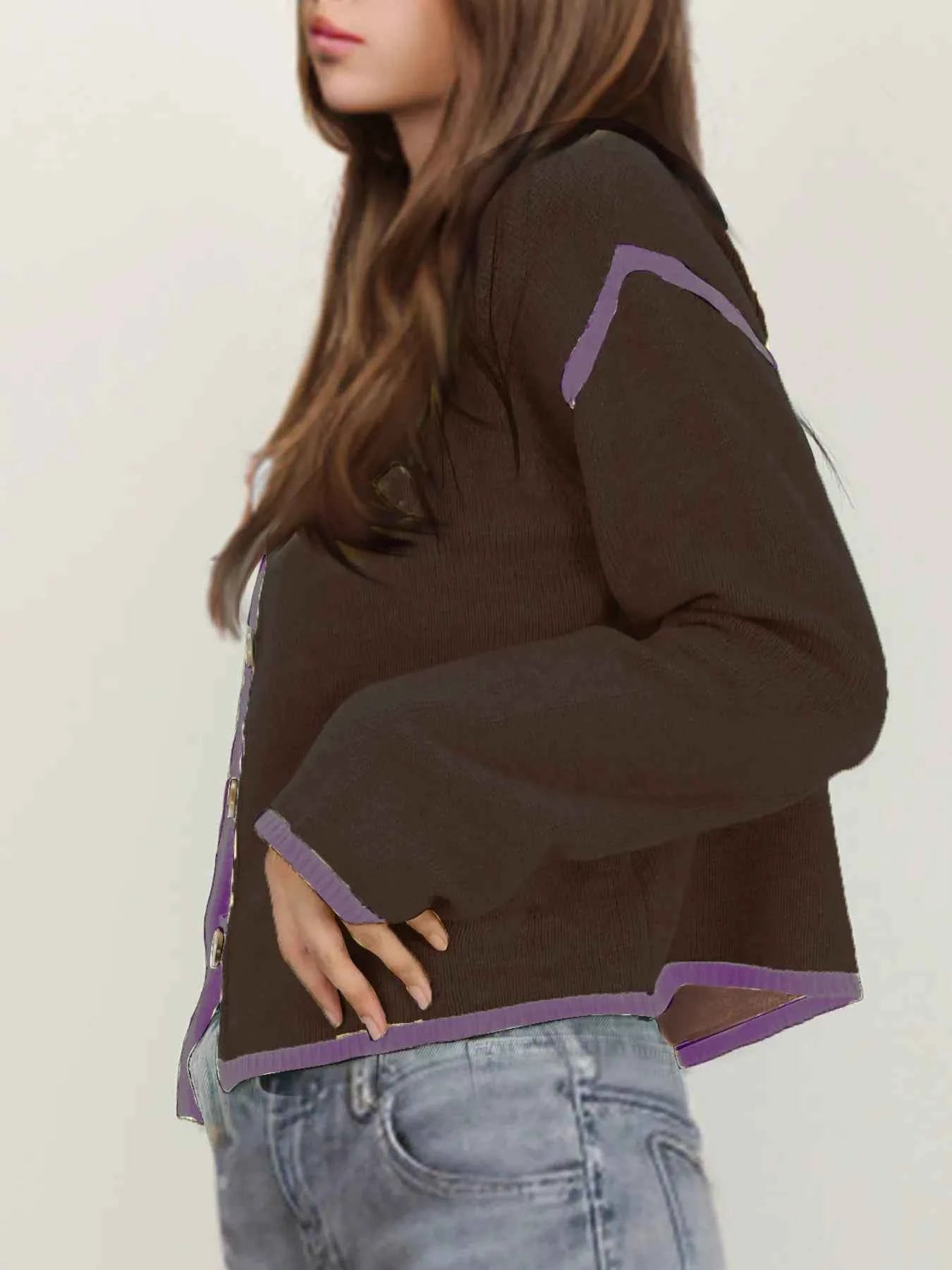 Button-Front Cardigan with Contrast Trim