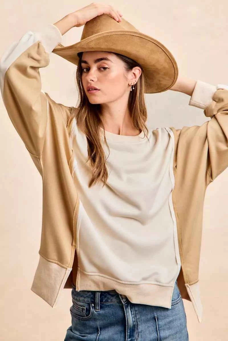 BiBi French Terry Color Block Top With Open Seam Detail