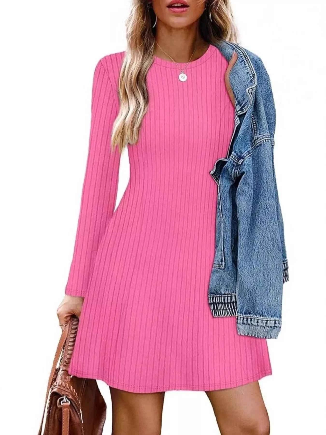 Ribbed Knit Long Sleeve A-Line Dress