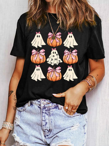 Halloween Bowknot Ghost Pumpkin Graphic T Shirt