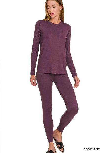 Zenana Microfiber Round Neck Top and Leggings Set